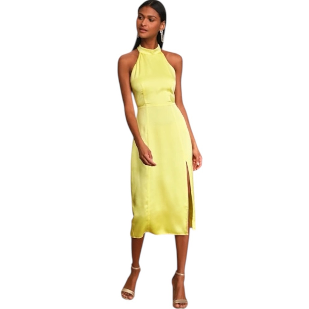 New Lulus Yellow Halter Midi Open Back Dress Bridesmaid Wedding Guest